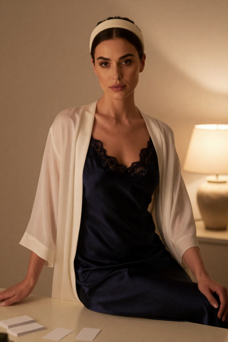 ChuhaiPlus muse in a midnight silk slip dress seated at the augment desk